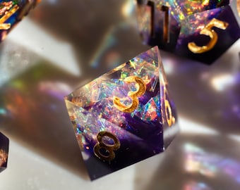 Sharp Edge DND Dice Set – Purple Resin Dice with multi color Foil and Gold Numbers – 7pc Polyhedral RPG Dice for Dungeons and Dragons