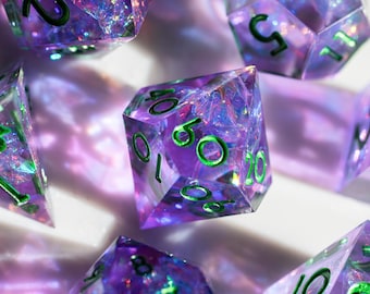 Sharp Edge DND Dice Set – Purple Dice With Multicolor Foil and Green Numbers – 7pc Polyhedral RPG Dice for Dungeons and Dragons