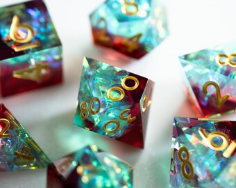 Red Resin DND Dice Set with Iridescent Crystal Core — Sharp Edge Polyhedral RPG Dice, Fantasy Dice Set, Blood Red Dice