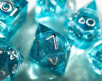 Liquid Core DND Dice Set – Light Blue Sharp Edge Resin Polyhedral Dice, 7 Piece RPG d20 Set