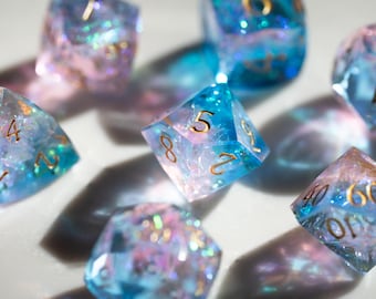 Iridescent Opal Sharp Edge DND Dice Set, Diamond Cut Resin Polyhedral Dice, Prismatic RPG Dice, Dungeons and Dragons Gift
