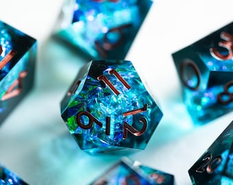 Ocean Blue DND Dice Set — Blue Resin Dice, Bioluminescent Fantasy Dice, Sharp Edge Polyhedral RPG Dice, Deep Sea Dice