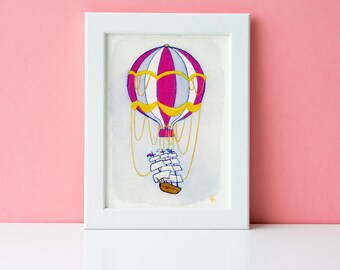 Hot Air Balloon with Pirate Ship Original Art Print, Recycled Paper Print, Kids Bedroom 8 x 10 Nursery Art
