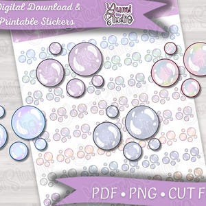 May include: A digital download and printable sticker sheet featuring various sizes of iridescent bubbles in shades of purple, blue, and pink. The sheet includes the text Digital Download & Printable Stickers, Yumi Studio, and PDF PNG CUT FILE.
