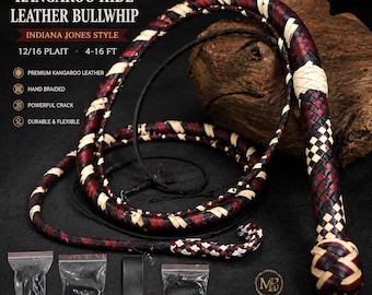 Handmade Kangaroo Hide Leather Bullwhip – Indiana Jones Style, 12/16 Plait, 4-16 Ft