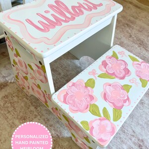 Personalized Pink Floral Hand-Painted Step Stool | Heirloom Birthday Gift for Girls | Baby Keepsake