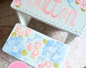Personalized Hand Painted Floral Step Stool | Birthday Baby Keepsake
