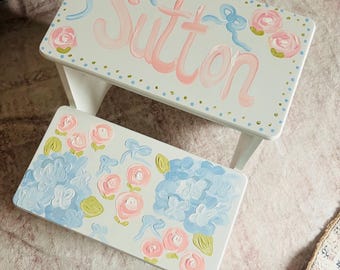 Personalized Hand Painted Floral Step Stool | Birthday Baby Keepsake