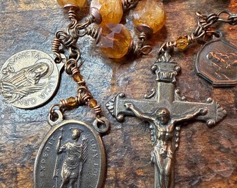 Guardian Angel Travel Rosary Chaplet †  St Lucy Devotional Chaplet with Bronze Medals* Citrine