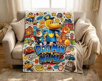 Manta personalizada Dog Man Squad, macia e com nome personalizado, ideal para crianças que amam livros.
