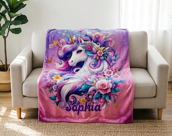 Manta de Unicórnio Personalizada, Macia e com Nome Personalizado, Presente Mágico para Meninas com Tema de Unicórnio