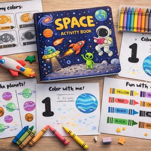 May include: A colorful children's activity set featuring a space-themed book, crayons, and worksheets. The book cover displays an astronaut, rocket, and alien. Worksheets include color and counting activities, with the text "i know my colors" and "Fun with colors".