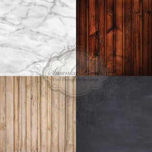 May include: Four different seamless backdrop textures: white marble, dark brown wood, light brown wood, and black chalkboard.