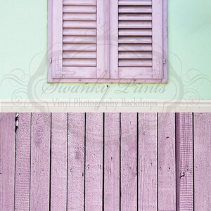 May include: A light green wall with a pink arched window with wooden shutters. The bottom of the image shows a light purple wood plank background.
