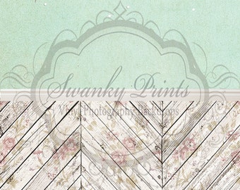 ALL IN ONE 60" x 123" Vinyl Photography Backdrop / Mint Cherry Tree and Shabby Chic Chevron Wood