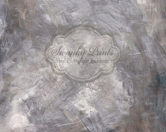 May include: A gray and white abstract painted backdrop with a white logo that says "Swanky Prints Vinyl Photography Backdrops".