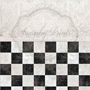 May include: A photography backdrop with a two-tone design. The top half features a light, patterned wallpaper design, while the bottom half displays a black and white chequerboard pattern. The backdrop has the text "Swanky Prints Vinyl Photography Backdrops".