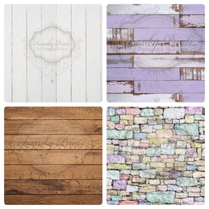 May include: Four digital backgrounds for photography. The first is a white wood plank background. The second is a purple and white wood plank background. The third is a brown wood plank background. The fourth is a colorful brick wall background.