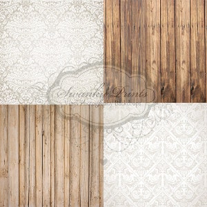 May include: A digital collage of four images. The top left image is a white damask pattern. The top right image is a brown wood plank background. The bottom left image is a light brown wood plank background. The bottom right image is a white damask pattern.