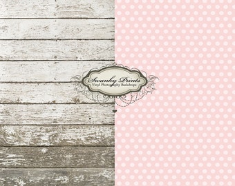 TRAVEL SIZE Two Vinyl Photography 3.5ft x 3.5ft COMBO (backdrop and floordrop) Newborn Pink Polka Dot and Barn Wood