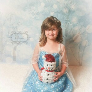 May include: A young girl wearing a blue and white dress with a snowflake pattern holds a snowman plush toy. The girl is wearing a tiara and has brown hair. The background is a light blue with snowflakes.