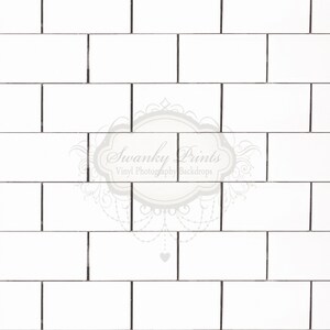 May include: White subway tile backdrop with black grout lines. The backdrop features a decorative design with the text "Swanky Prints Vinyl Photography Backdrops".