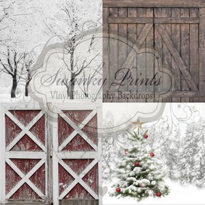 May include: Four digital backdrop images for photography. The top left image shows a snowy winter scene with trees. The top right image shows a weathered brown barn door. The bottom left image shows a red barn door with white X patterns. The bottom right image shows a snowy winter scene with a Christmas tree and snow-covered trees.