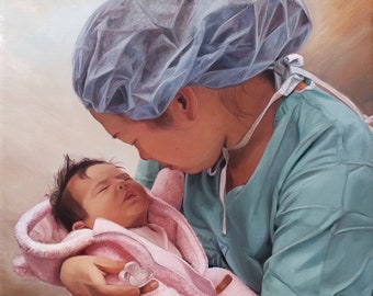 Custom Portrait - Oil Painting - Baby Portrait, Gift for New Mother, Child Portrait, Doctor Mom, Nurse