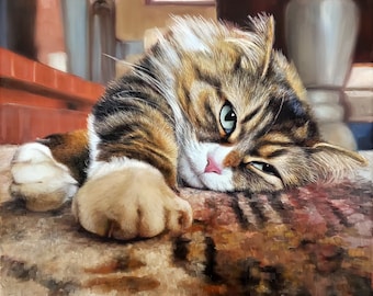 メインクーン猫の油絵、ふわふわの猫の肖像画アート、8x10 - Etsy 日本