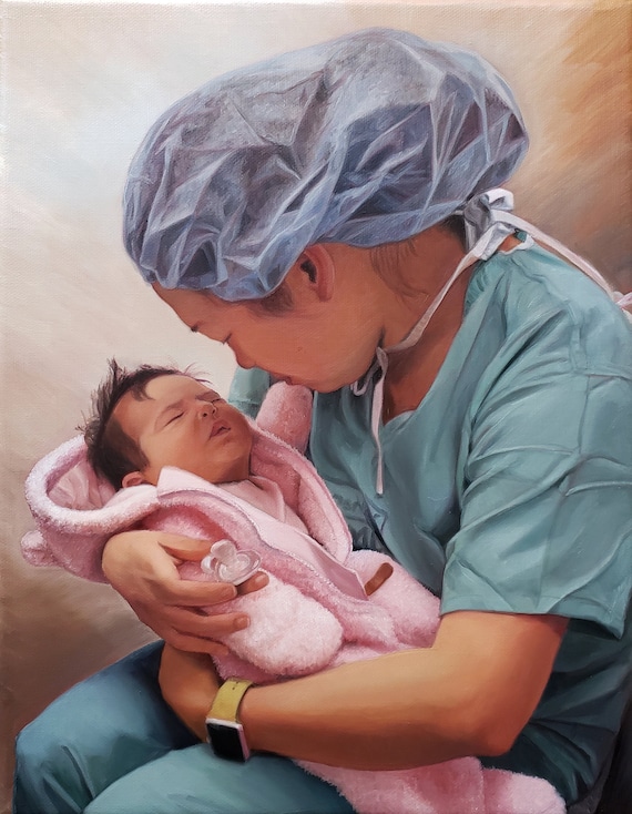 Custom Portrait - Oil Painting - Custom Painting - Baby Portrait, Gift for New Mother, Child Portrait, Doctor Mom, Nurse