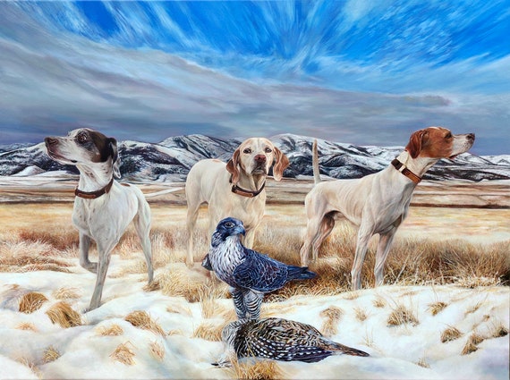 Custom Pet Portrait - Oil Painting- Hunting Portrait - Falcon - Pointers - Pheasants