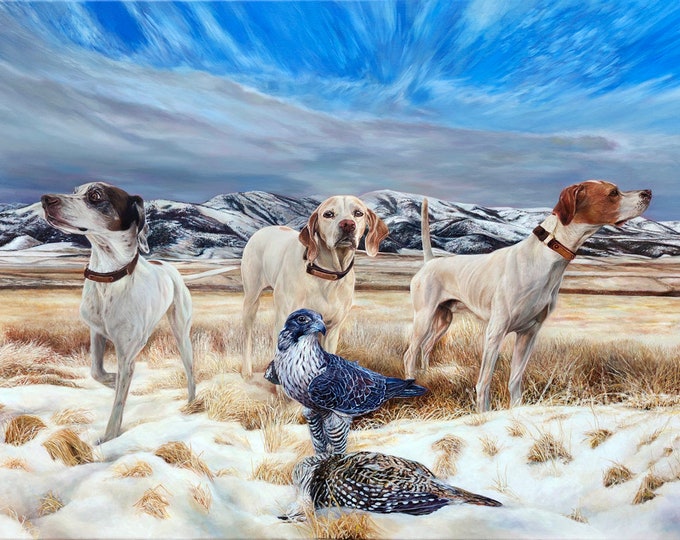 Custom Pet Portrait - Oil Painting- Hunting Portrait - Falcon - Pointers - Pheasants