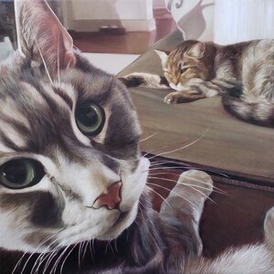 K&ouml;nnte beinhalten: Nahaufnahme eines grau-wei&szlig;en Tabby-Katers, der direkt in die Kamera schaut. Die Katze hat gr&uuml;ne Augen und einen wei&szlig;en Fleck auf der Nase. Die Katze sitzt auf einer braunen Oberfl&auml;che, im Hintergrund ist eine weitere Katze zu sehen.