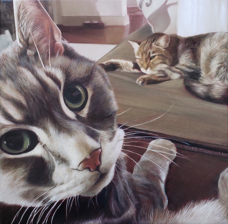 K&ouml;nnte beinhalten: Nahaufnahme eines grau-wei&szlig;en Tabby-Katers, der direkt in die Kamera schaut. Die Katze hat gr&uuml;ne Augen und einen wei&szlig;en Fleck auf der Nase. Die Katze sitzt auf einer braunen Oberfl&auml;che, im Hintergrund ist eine weitere Katze zu sehen.