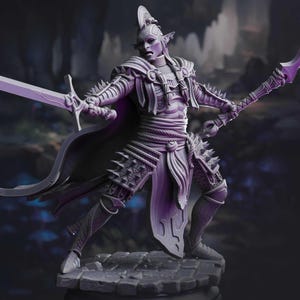May include: A detailed figurine of a fantasy warrior in a dynamic pose, holding a sword and a spear. The figure is clad in ornate armor with spiked accents and a flowing cape. The color palette is monochromatic, with shades of gray and purple.