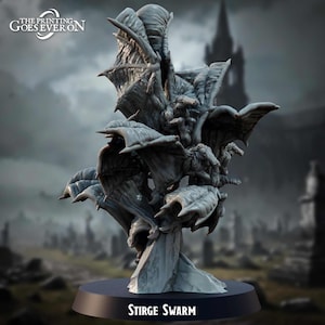 May include: A grey miniature of a Stirge Swarm, a fantasy creature with bat-like wings and a menacing appearance. The base is dark blue, and the background shows a graveyard and a castle. The text "The Printing Goes Ever On" is at the top.