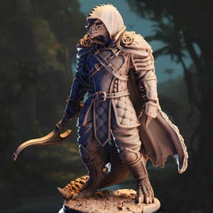 May include: A detailed figurine of a reptilian humanoid warrior, clad in ornate armour with a flowing cape and hood. The figure holds a curved blade and stands on a textured base, showcasing intricate details and a fantasy theme.
