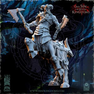 May include: A detailed 3D-printed figurine of a centaur warrior, holding two battle axes. The figure is clad in armour and features a horned head. The figurine is a fantasy-themed collectible, with the text "One Sin for Seven Kingdoms".