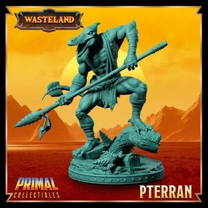 May include: A teal-colored Pterran figurine from Primal Collectibles, holding a spear. The figurine is posed on a base with the word "PTERRAN" at the bottom. The word "WASTELAND" is at the top.