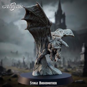 May include: A grey miniature figure of a bat-like creature with large wings, claws, and a grotesque face. The figure is mounted on a black base, with the text "STIRGE BROODMOTHER" below. The background shows a graveyard and a dark, gothic building.