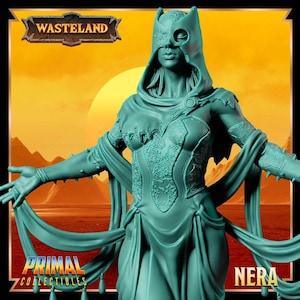 May include: A teal-colored figurine of a woman in a hooded cloak and ornate dress, with the word "WASTELAND" at the top and "NERA" at the bottom. The figurine has a mask covering one eye and is posed with arms outstretched.