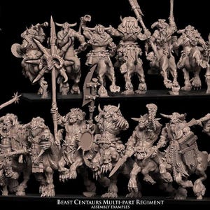 Peut inclure: Régiment de Centaures Bêtes, figurines multi-pièces, dans une image détaillée aux tons sépia. Les figurines sont posées avec diverses armes et armures. Le texte "Beast Centaurs Multi-Part Regiment" est visible en bas. Le logo Avatars of War est en haut.