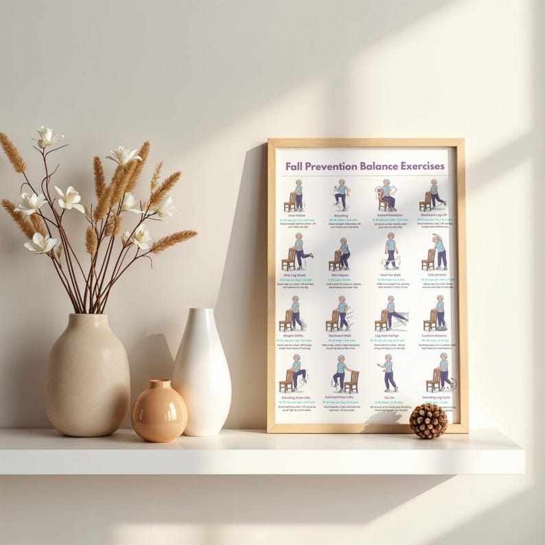 May include: A framed instructional poster titled Fall Prevention Balance Exercises featuring sixteen illustrations of a person performing various physical movements with a chair, displayed in a light wood frame with a white background.