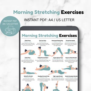 Könnte beinhalten: Eine digitale Übersicht mit dem Titel Morning Stretching Exercises, die verschiedene Yoga-Posen mit schriftlichen Anleitungen zeigt. Das Layout enthält Illustrationen einer Person in türkisfarbener Sportkleidung bei verschiedenen Dehnübungen.