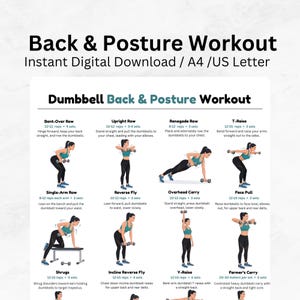 Dumbbell Back and Posture Workout Poster, Home Gym Exercise Guide, Printable Upper Body Routine, Strength Training PDF Download