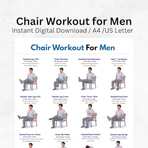 Peut inclure: Un tableau d'exercices numériques intitulé Chair Workout for Men, présentant douze exercices illustrés avec des instructions. La mise en page comprend du texte pour Seated Leg Lifts, Chair Marches, Seated Knee Extension, Heel/Toe Raises et d'autres mouvements sur un fond blanc.
