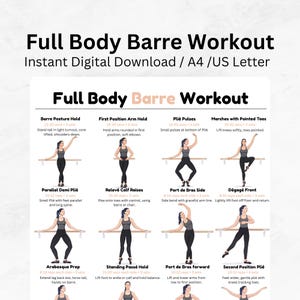 Peut inclure: Un guide d'entraînement numérique intitulé Full Body Barre Workout présentant douze étapes d'exercices illustrées. Le tableau affiche divers mouvements inspirés du ballet avec des instructions textuelles pour les répétitions et séries, format A4.