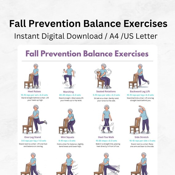 Fall Prevention Balance Exercises Poster, Senior Mobility Guide, Physical Therapy Routine, Home Balance Workout, Digital PDF Download
