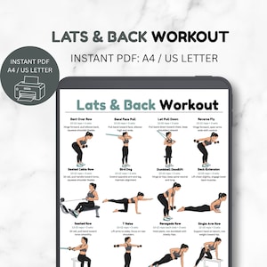 May include: A digital Lats & Back Workout guide displayed on a tablet screen, featuring twelve illustrated exercise routines with text instructions for reps and sets. The document is labeled as an instant PDF available in A4 and US Letter sizes.