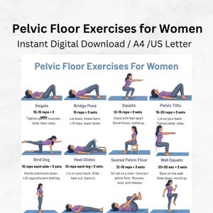 Peut inclure: Un tableau d'instructions numérique intitulé Pelvic Floor Exercises for Women, présentant des illustrations de diverses postures comme Kegels, Bridge Pose, Squats, Pelvic Tilts, Bird Dog, Heel Slides, Seated Pelvic Floor et Wall Squats avec des textes.